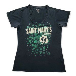 Saint Marys College T-Shirt Womens Small Blue V- Neck Tee Four 4 Leaf Clovers